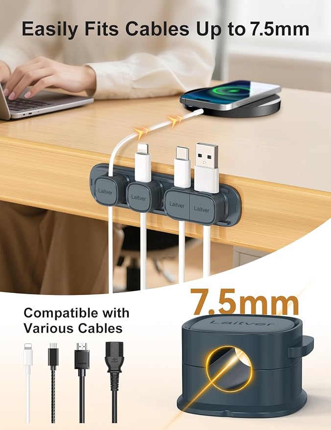 6 Pack Magnetic Cable Clips [1s Open/Lock], Laitver Cord Organizer Holder Strong Adhesive Desk Cable Management- Organize Charging Cords Neatly for Home, Office, Car,Desk, Nightstand-Sea Blue