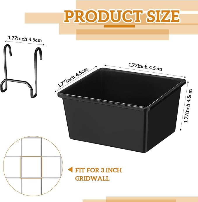 6 Pcs Grid Wall Storage Bin with Hooks, Square Box Shape Hanging Baskets, 3.5 x 2.5 x 1.8 Inch Pegboard Cups for Garage, Kitchen, Office, Craft Room Durable Space Saving Organizer