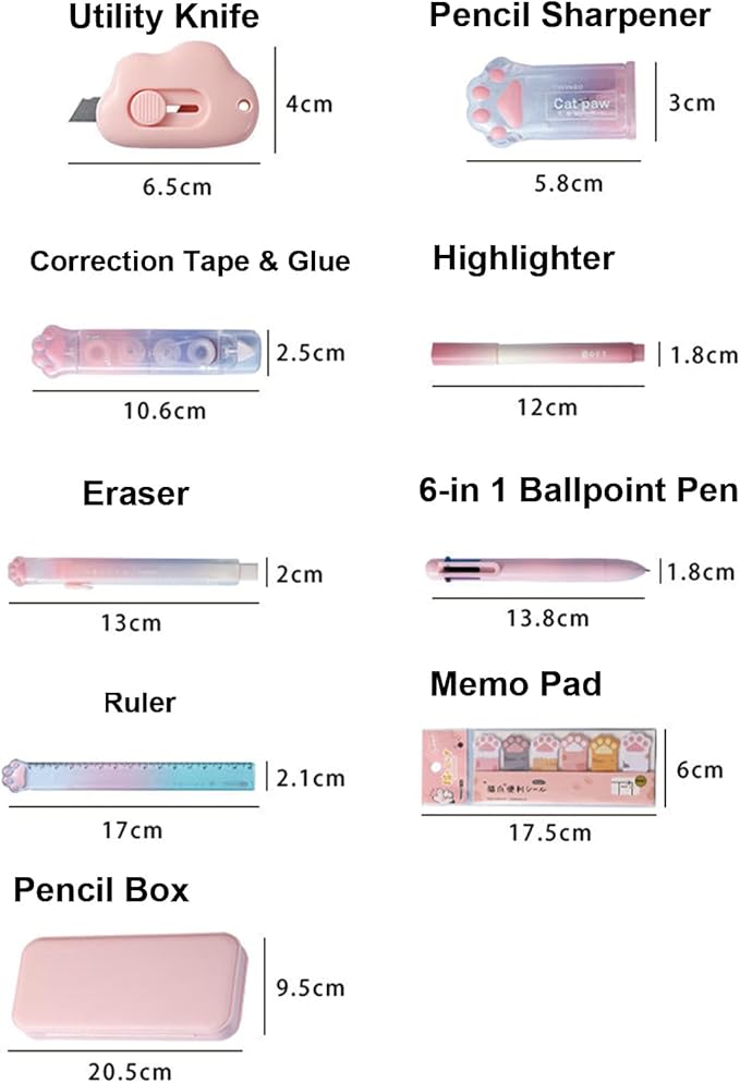 9 Pcs Cute Pink Stationery Set Cat Paw School Supplies Kawaii Office Supplies Including Pens Pencil Sharpener Highlighter Eraser Correction Tape Ruler Utility Knife (Cat Paw-Pink)