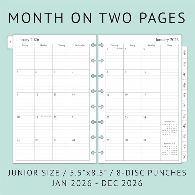newestor 2026 Monthly Planner Refill for 8-Discbound Notebook, Two Pages Per Month, Jan 2026 to Dec 2026, Junior Size 5-1/2"x8-1/2"