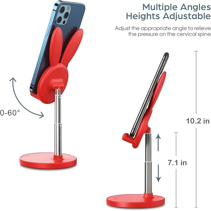 OATSBASF Cute Cell Phone Stand, Adjustable Bunny Phone Stand for Desk, Thick Case Friendly Holder Compatible with iPhone, Kindle, iPad, Switch, All Phones (Red)