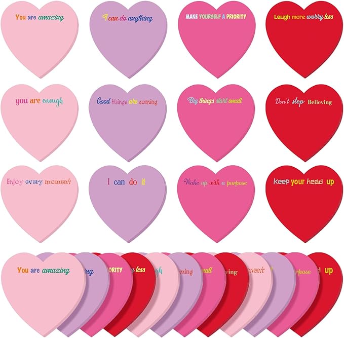 Teling 24 Pack Valentine's Day Sticky Notes Heart Shape Sticky Notes 3 x 3 Inch Inspirational Notepads Bulk Cute Memo Pads for Valentines Party Gifts School Office Supplies (Red Pink Purple)