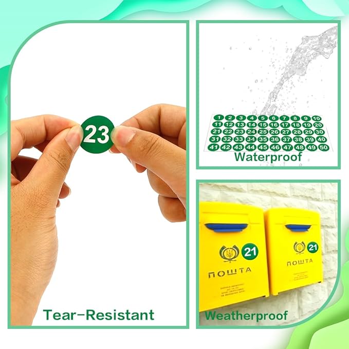 Number Stickers, Consecutive Number Stickers 1-50, 10 Sheets Round Numbers Labels, Green Small Number Sticker Vinyl Numbers Decals for Office, Classroom, Storage, Inventory, Indoor, Outdoor, 1 inch