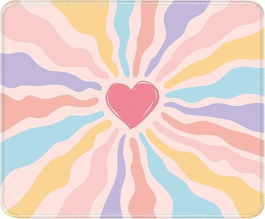 Cute Pink Rainbow Heart Desk Pad Mat with Stitched Edges and Non-Slip Rubber Base, Premium-Textured Mouse Pad for Laptop, Computer & PC, Gaming & Working, Waterproof Mousepad