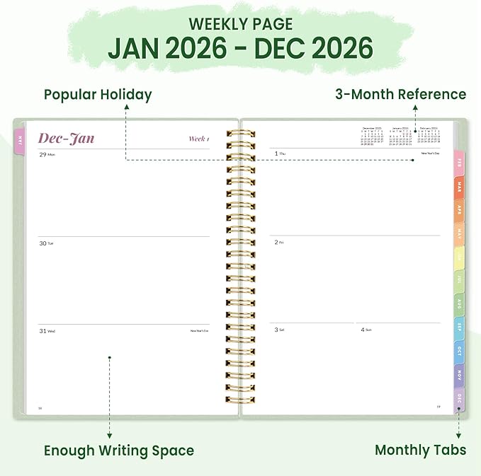 2026 Planner, Annecy Weekly ＆ Monthly Planner 2026, Jan. 2026 – Dec. 2026, 6.4" x 8.3" Monthly Agenda Planner with Tabs, Waterproof Flexible Cover, Spiral Binding, Double-sided Pocket, Bookmark, Green