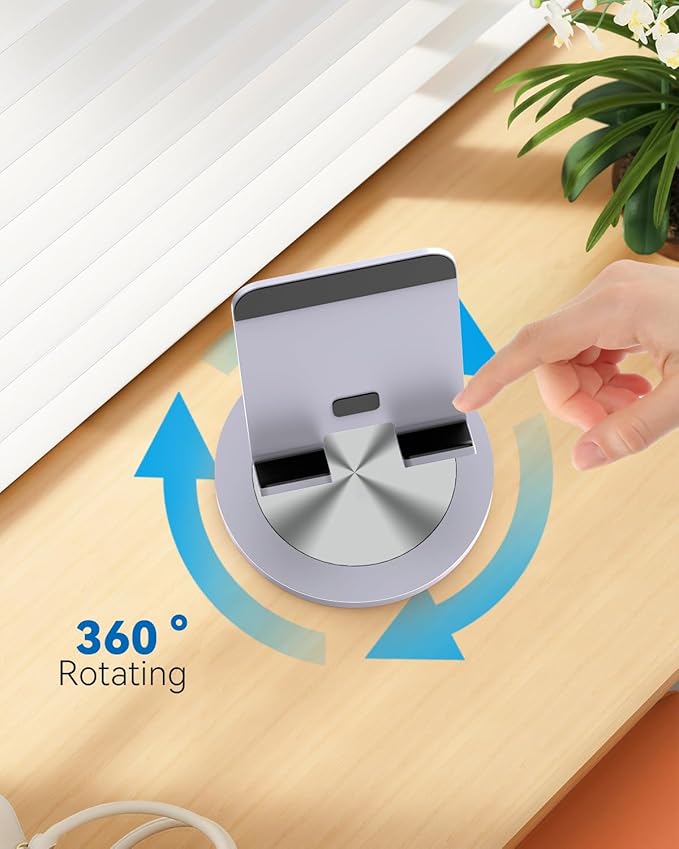 360 Rotating Phone Holder for Desk, Dual-Adjustable Foldable Heavy-Duty Bases Aluminum Phone Stand Compatible with iPhone 17 16 15 14 13 12 11 Series, Galaxy, 4-8" All Phones (Grey)