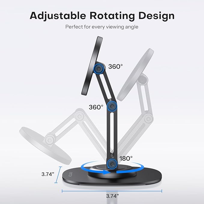 OMOTON 360°Rotating Magnetic Phone Stand for Desk, Adjustable Foldable Aluminum for MagSafe Cell Phone Stand Holder with Non-Slip Base, for iPhone 17/16/15/14 Pro Max Air/MagSafe Case- Black