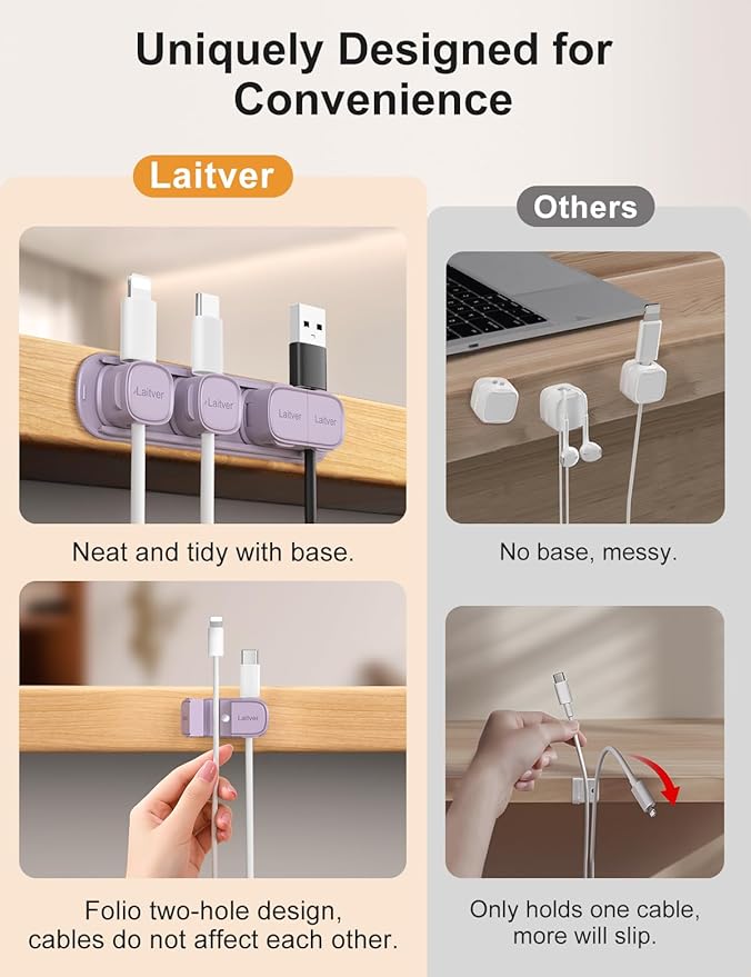 6 Pack Magnetic Cable Clips [1s Open/Lock], Laitver Cord Organizer Holder Strong Adhesive Desk Cable Management- Organize Charging Cords Neatly for Home, Office, Car,Desk, Nightstand-Purple