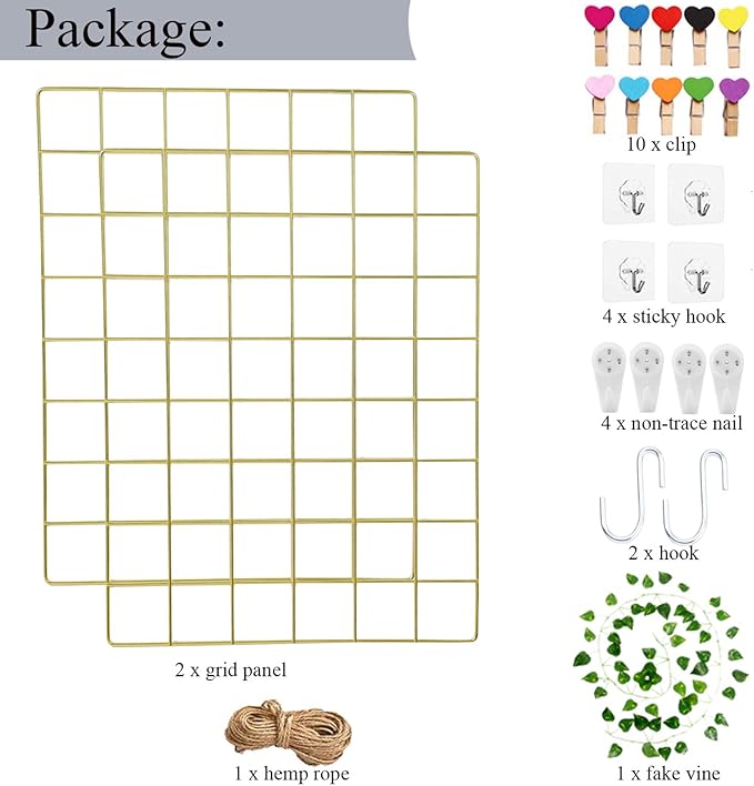 DIJIAHUA 2 Pack Wall Grid Panel Wire Photo Wall Pictures Display Board with Accessory Wall Storage Organizer Memo Board Over Desk Décor for Home, Office and Dorm (Gold)