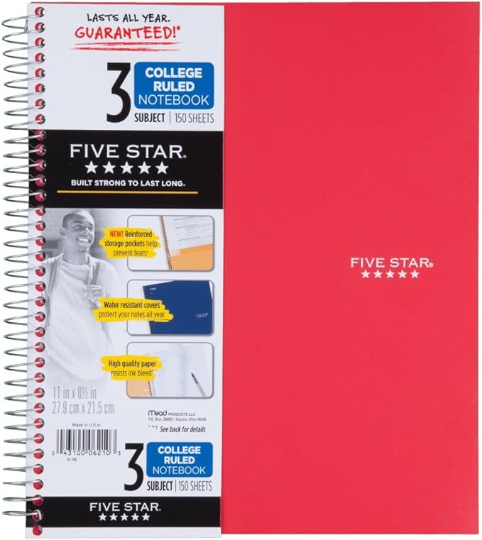 Five Star 06210 Wirebound 3-Subject Notebook, College Rule, 11 x 8 1/2, 150 Sheets, Assorted