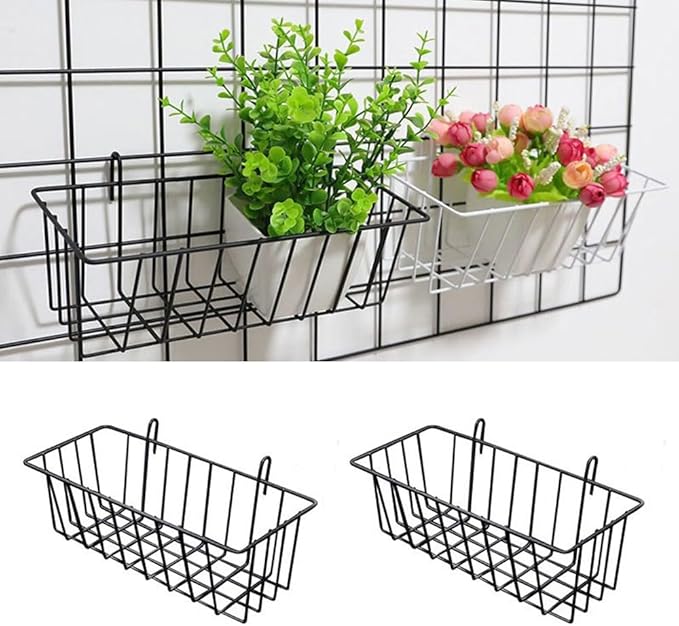 2 Pack Grid Panels Hanging Wire Basket Storage with Plastic Hooks for Gridwall Display Stand Wire Rack Wall Photo Grid Shelf Commercial Shop Retail Art Fair