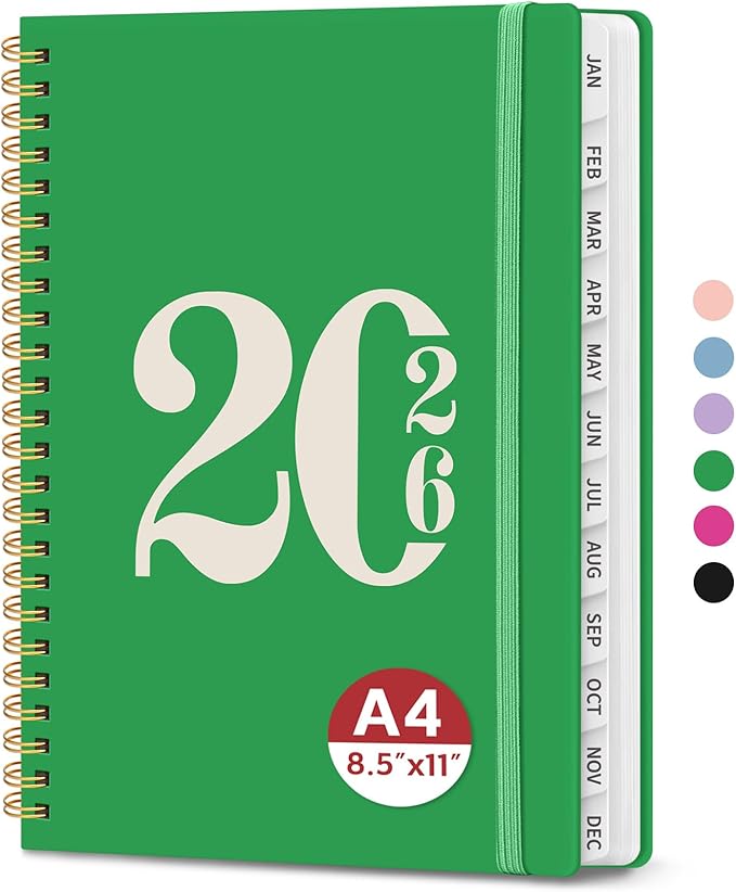 2026 Planner, Weekly and Monthly Calender Planner, Jan 2026 to Dec 2026, Hardcover 2026 Calendar Book with Tabs & Inner Pocket, Office Home School Supplies for Women & Men - A4 (8.5" x 11"), Racing Green
