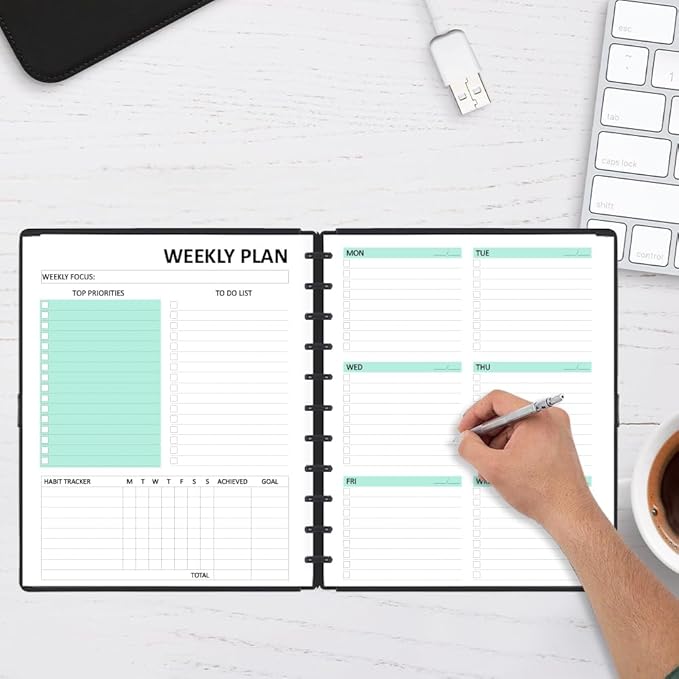 Letter Size Undated Weekly Planner Inserts - 53 Sheets/106 Pages, 11 Discbound, A4 planner Refills, Weekly Plan (Left), Daily Details (Right), Lasts 1 Year, Undated, 8-1/2" x 11"