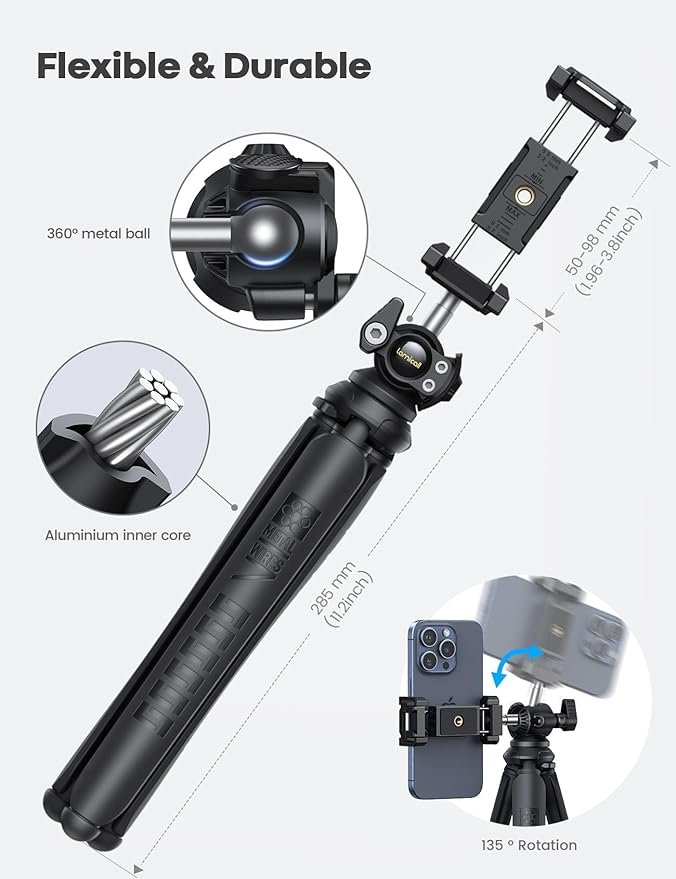 Lamicall Tripod for iPhone - 3 in 1 Flexible Phone Tripod with Wireless Remote - iPhone Stand for Video Recording Vlogging Selfie Valentines Day Gift Compatible with Phone GoPro, Digital Camera