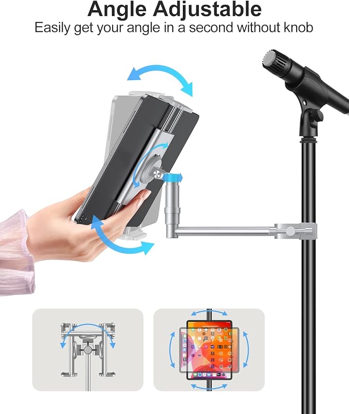 elitehood Aluminum iPad Holder for Mic Stand, Side Mount iPad Music Stand Holder for Microphone, 360° Swivel Tilt Adjustable Mic Tablet Mount for 4-13in iPhone, Cell Phones and Tablets, Sliver