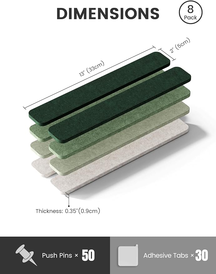 Cork Board Alternative Felt Strip Board 8-Pack 13"x2", Office Pin Board with 50 Push Pins, Adhesive Install for Bedroom Door & Home Office(Sagewood)