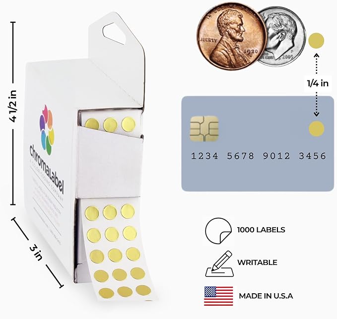 ChromaLabel 1/4 Inch Circle Sticker Labels, High Visibility Colored Dot Stickers with Handy Dispenser, Round Color Coding Labels - 1000 Sticky Dots, Metallic Gold Stickers
