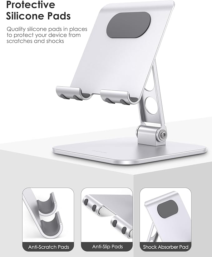 OMOTON T5 Upgraded Adjustable Tablet Stand for iPad Holder, Heavy Duty Portable Monitor Stand, Travel Essentials for iPad Pro/Air/Mini, Surface Pro 4.7''-13'', Silver