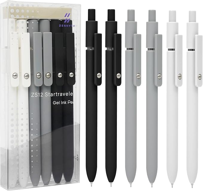 Gel Pens, 6 Pcs 0.5mm Quick Dry Black Ink Pens With Smooth Writing, Office Desk Accessories, School Supplies Gifts for Men Women (Black Gray White)