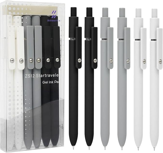 Gel Pens, 6 Pcs 0.5mm Quick Dry Black Ink Pens With Smooth Writing, Office Desk Accessories, School Supplies Gifts for Men Women (Black Gray White)