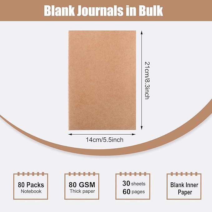 EOOUT 80pcs Kraft Notebooks for Kids, Blank Journals Bulk, Sketch Books, 60 Pages Composition Notebook, 80gsm, 8.3x5.5 Inches, Travel Journal Set, for Travelers, Students and Office Supplies