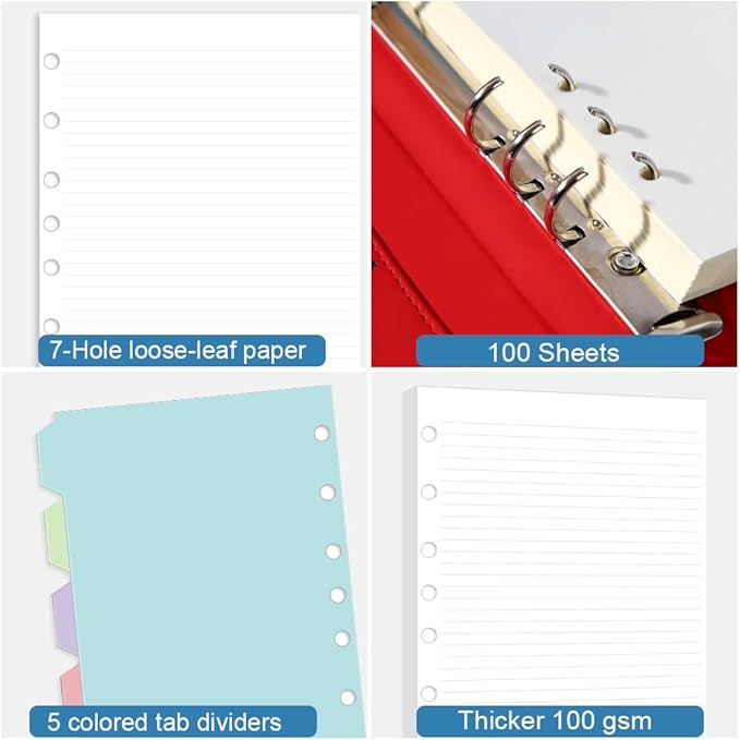 A5 7 Hole Refill Paper,A5 Planner Inserts, Binder Inserts,100 Sheets 6mm Line Spacing Paper with 5 Colored Index Dividers, Narrow Ruled,6 Ring Loose Leaf for Planners, Binders,5.8"x8.3"