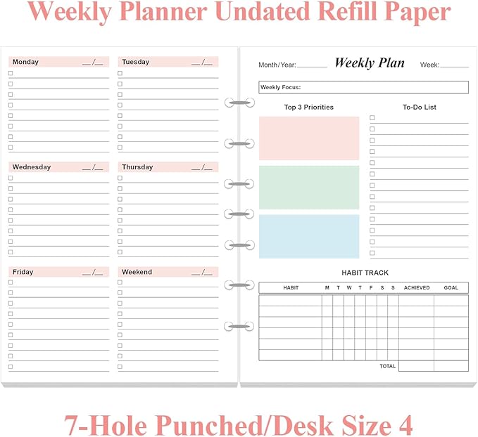 Weekly Planner Refills for 3 or 7 Ring Mini Binders - 53 Sheets/106 Pages Undated Colorful Weekly Planner, 100 gsm White Paper, Lasts 1 Year, Undated, 5.8" x 8.3"