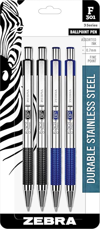 Zebra F-301 Retractable Ballpoint Pen with Stainless Steel Barrel 0.7mm Fine Point - Pack of 4; 2 Black & 2 Blue