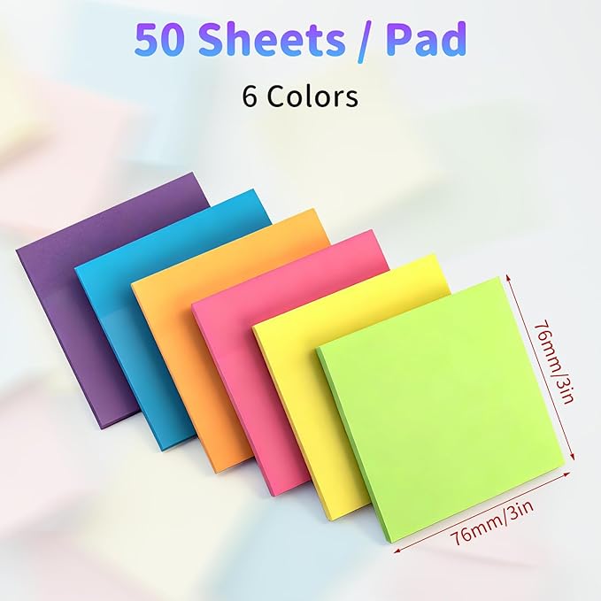 6 Colorful Super Sticky Notes - CARGEN Memo Stickers, 3x3in Large Colored Self-Sticky Note Pads for Office, Meeting, Home and School Study Supplies, 50 Sheets/Pad, 6 Pads, 6 Colors