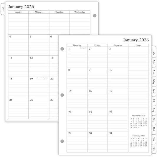 newestor 2026 Monthly Planner Refill for 3 Ring Binder, Jan 2026 - Dec 2026, Two Pages Per Month, 8-1/2" x 11", Monarch/Folio Size 5