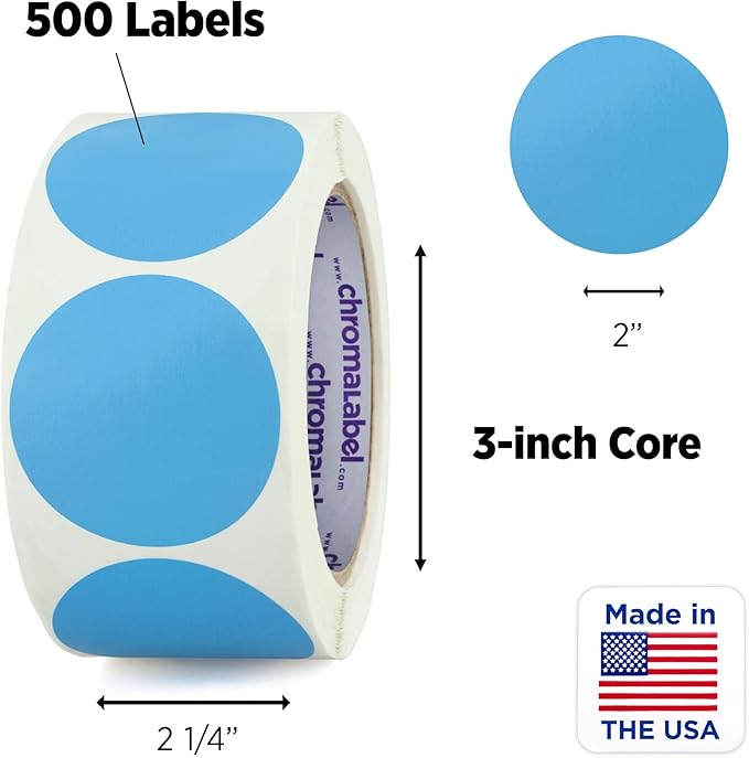 ChromaLabel 2 Inch Round Label Removable Color Code Dot Stickers, Inventory Label, 500 Labels per Roll, Light Blue (Pack of 2)