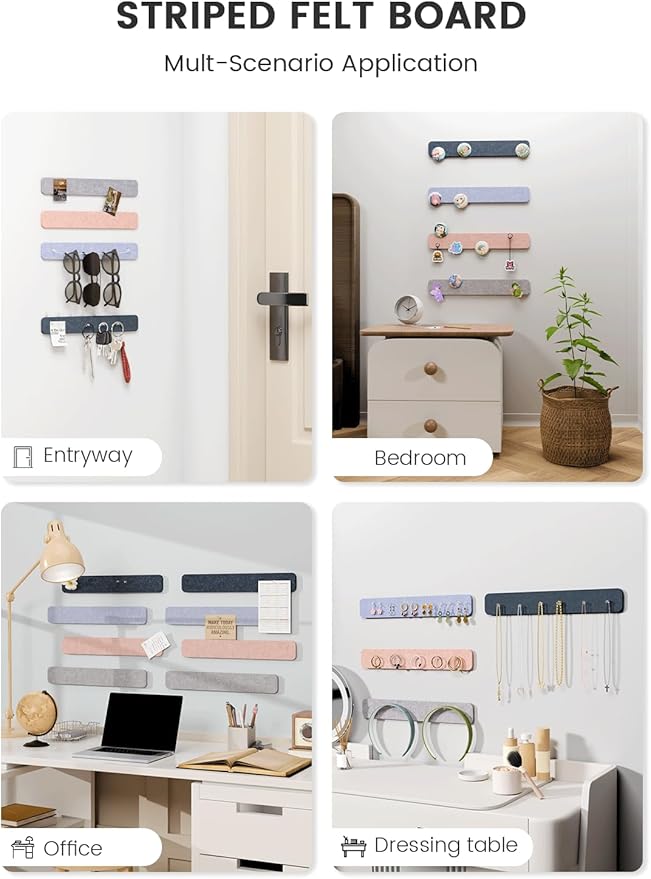 Cork Board Alternative Felt Strip Board 8-Pack 13"x2", Office Pin Board with 50 Push Pins, Adhesive Install for Bedroom Door & Home Office(Heather Grey)