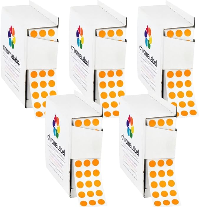 ChromaLabel 1/4 Inch Circle Sticker Labels, Easy to Write on Small Orange Dot Stickers with Handy Dispenser Box, Round Color Coding Labels - 1000 Sticky Dots, Orange Stickers - Case of 5