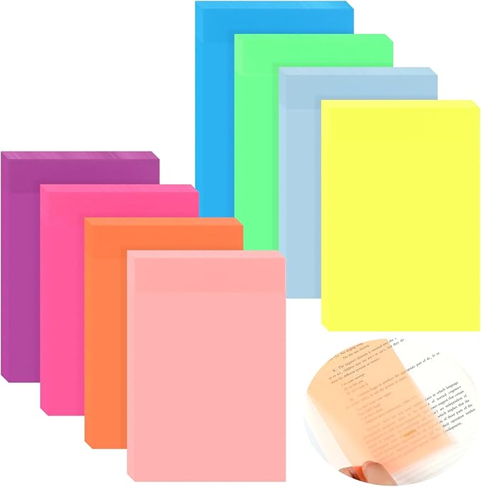 Yinder 4 x 6 Inch Transparent Sticky Notes Translucent Sticky Notes Waterproof Clear Self Memo Pad See Through Bible Journaling Accessories Office School Supplies, 8 Pack 240 Sheets(Bright)