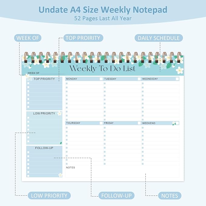 ROZZBY Weekly To Do List Notepad with 52 Undated Sheets (8.5"×11"), Desk Weekly Planner Notepad for Office Desk Accessories and School Supplies (Blue)