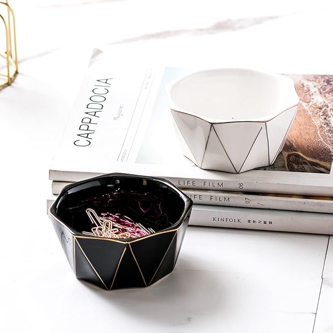 Paper Clip Holder With Gold Line Geometric Ceramic Paper Clip Dispenser for Desk Cute Paper Clip Organizer Office Binder Clip Holder (White)