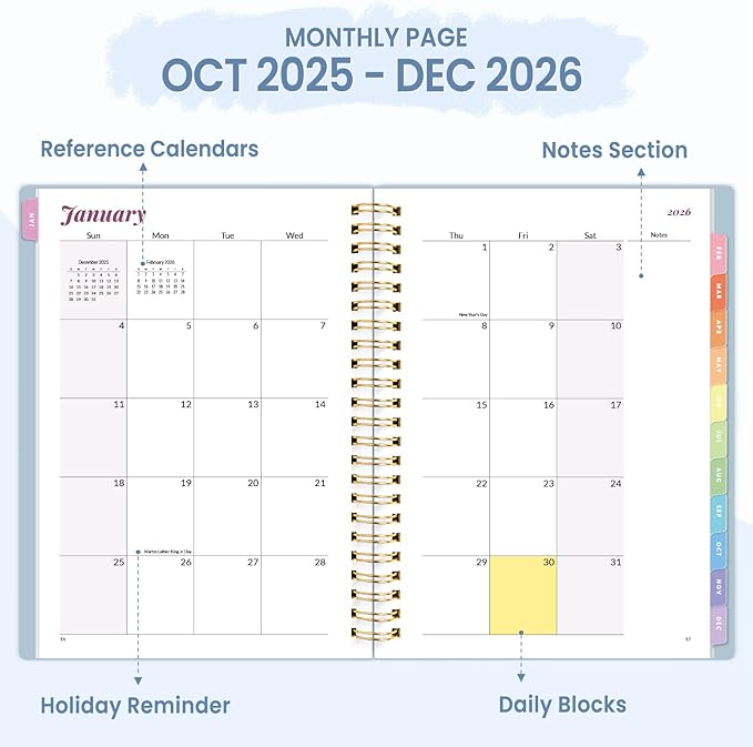 2026 Planner, Annecy Weekly ＆ Monthly Planner 2026, Jan. 2026 – Dec. 2026, 6.4" x 8.3" Monthly Agenda Planner with Tabs, Waterproof Flexible Cover, Spiral Binding, Double-sided Pocket, Bookmark, Blue
