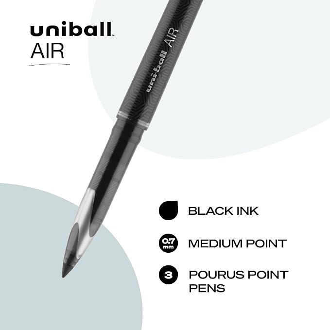 Uni-Ball Uni-Ball AIR Rollerball Pens Fine Point, 0.7mm, Black, 3 Pack