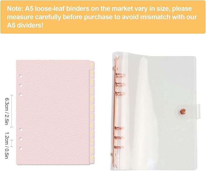 Koqye Leather Textured A5 6-Ring Binder Dividers with 12 Monthly Tabs, Pink Paper Index Page Separators for Planner/Organizer (2 Set - 12 Monthly Tabs)