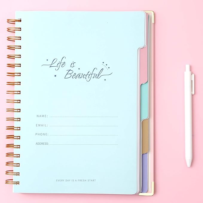 Yoment 2 Pack 5 Subject Notebook College Ruled, Hardcover Spiral Notebooks for Work School, B5 Multi Subject Notebook with Tabs Dividers, 240 Pages Lined Journal for Women Men, Pink&Pink