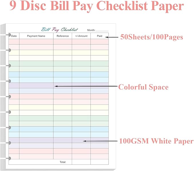 (2-Pack) 9-Disc Bill Pay Checklist Refills - 100 Sheets/200 Pages Classic Size Colorful Monthly Budget Forms for Happy Planners, 7"x9.25"