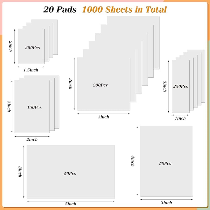 [1000 PCS] Transparent Sticky Notes, 6 Sizes Clear Sticky Notes Pads, Waterproof Self-Adhesive Translucent Sticky Notes for Annotating Books, See Through Sticky Notes for School & Office