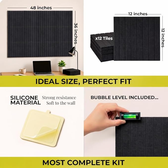 – Felt Wall Tiles 11.8"x11.8", Decorative Felt Boards, Pin Boards with Level & Adhesive Tabs, Bulletin & Photo Board for Office, Dorm, Classroom, Home (Set of 12) – Black