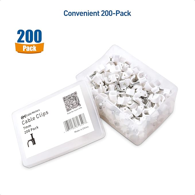 Cable Matters 200-Pack Nail-in Cable Clips Cord Organizer, 7mm / 0.27 inches, Ethernet Cable Wall Clip, Wire Wall Clips, White