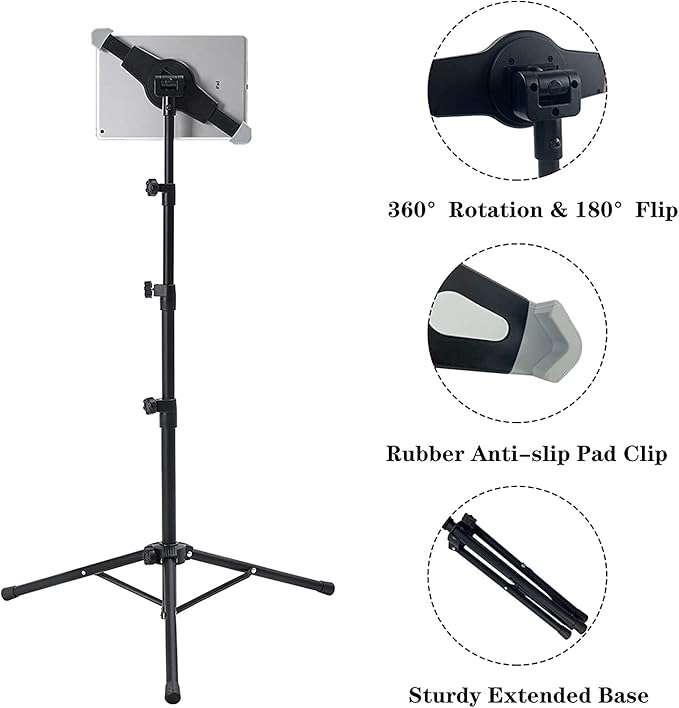 Ipad Tripod Stand, Height Adjustable iPad Stand Floor, Tablet Holder Stand with 360 Degree Rotating Tablet Mount for ipad Pro12.9, iPad Air and Other Device Within 9.5-14.5 Inch