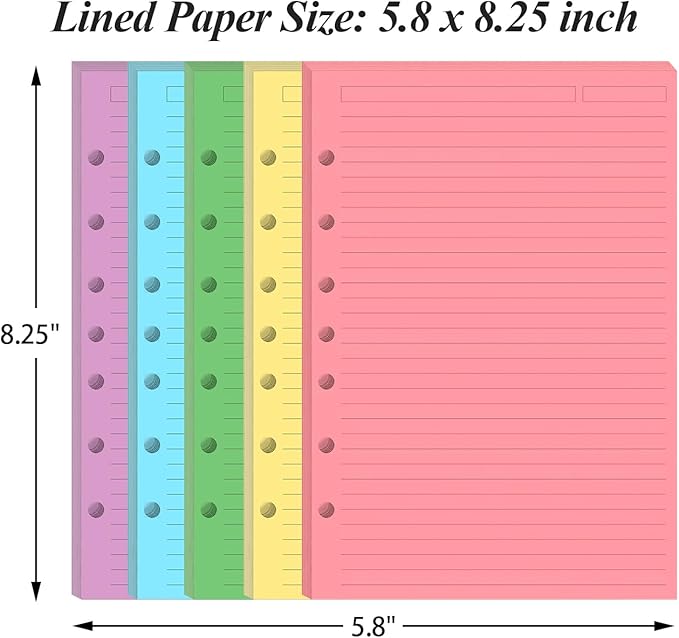 Mini Binder 5 Colorful Line Paper for 3 or 7 Ring Binders - 100 Sheets/200 Pages Loose Leaf Paper Line Refills, Per Color 20 Sheets, Desk Size 4, 5.8" x 8.5"