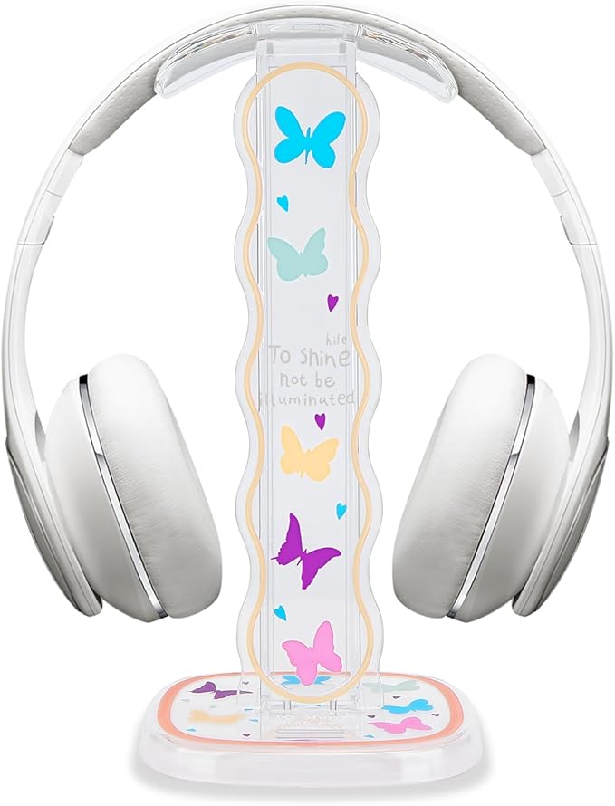 CamyCosy Headphone Stand Gaming Headset Holder for Desk,Clear Colorful Butterflies Pattern Cellphone & Earphone Stand Desk Accessories for All Headphones Size