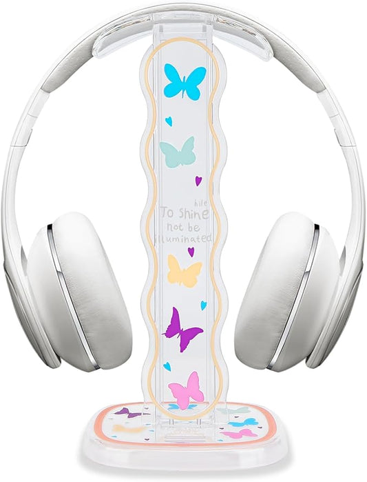 CamyCosy Headphone Stand Gaming Headset Holder for Desk,Clear Colorful Butterflies Pattern Cellphone & Earphone Stand Desk Accessories for All Headphones Size