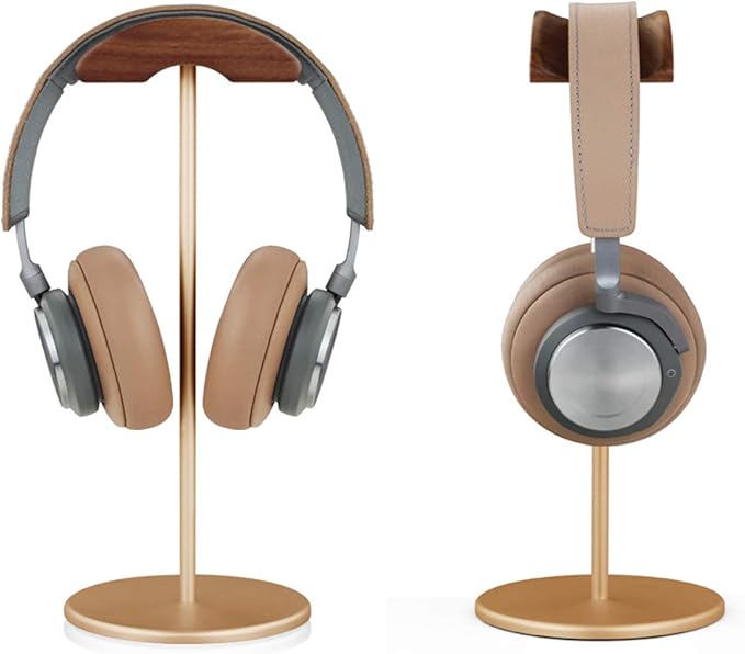 Headphone Stand, Walnut Wood & Aluminum Headset Stand, Nature Walnut Gaming Headset Holder with Solid Heavy Base for All Headphone Sizes (Gold)