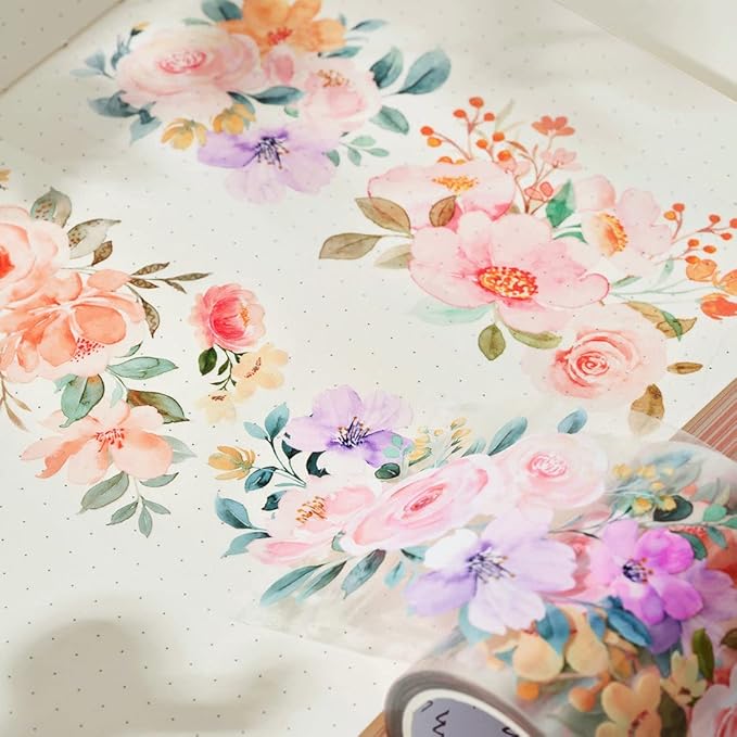 WT Floral PET Tape for Scrapbook Junk Bullet Journaling Supplies, Colored Masking Decorative Tape for Bible Study and Craft Supplies, Width 6cm, Length 5 M(Flower Corridor Wide PET Tape, One Roll)